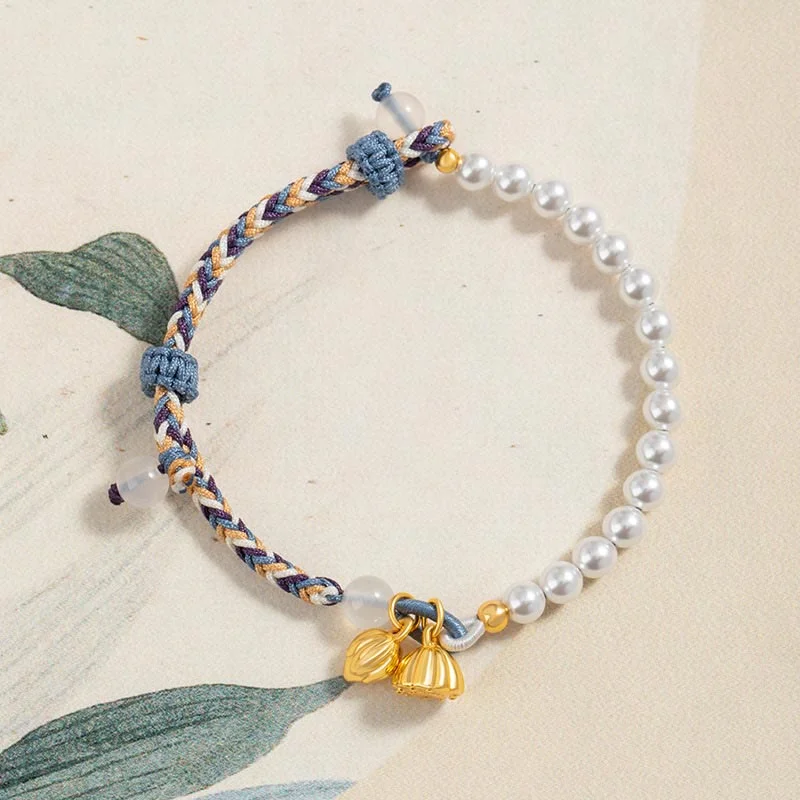 Fashion Bangles for Women with Colorful Gems-Buddha Stones 925 Sterling Silver Lotus Pearl Colorful Rope Chalcedony Prosperity Bracelet Fashion Bangles for Women with Colorful Gems-Buddha Stones 925 Sterling Silver Lotus Pearl Colorful Rope Chalcedony Prosperity Bracelet