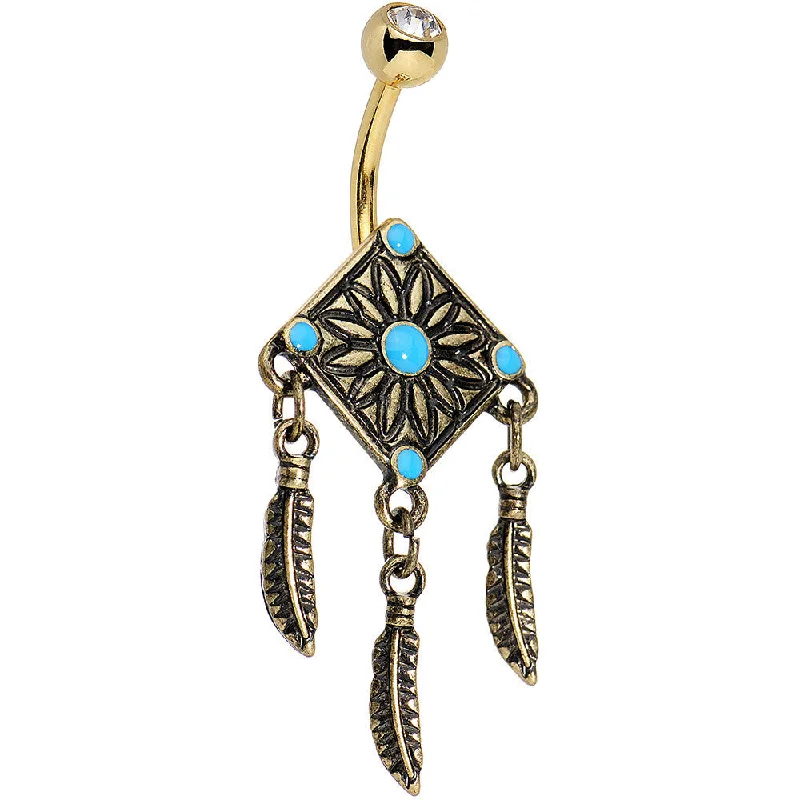 Comfortable Belly Rings for Everyday Wear -Faux Turquoise Gold Anodized Aztec Feather Dangle Belly Ring Comfortable Belly Rings for Everyday Wear -Faux Turquoise Gold Anodized Aztec Feather Dangle Belly Ring