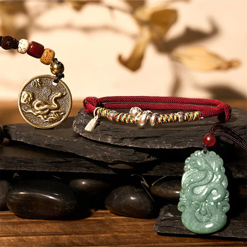 Bangles for Women with Handcrafted Details-Buddha Stones Lucky Prosperity The Year of The Snake 2025 Green Jade Red String Protection Bundle Bangles for Women with Handcrafted Details-Buddha Stones Lucky Prosperity The Year of The Snake 2025 Green Jade Red String Protection Bundle