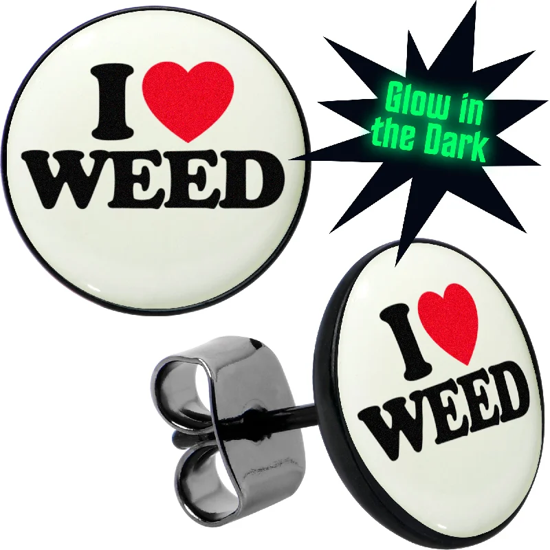 Women's Earrings – Elegant Designs for Every Personality--Black Anodized I Love Weed Glow in the Dark Stud Earrings Women's Earrings – Elegant Designs for Every Personality--Black Anodized I Love Weed Glow in the Dark Stud Earrings