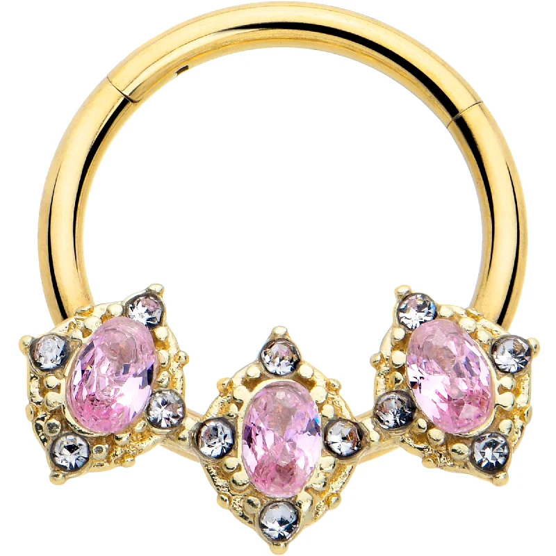 Women's Earrings – Elegant Designs for Every Personality--16 Gauge 3/8 Pink Tourmaline Gold Tone Wondrous Trio Hinged Segment Ring