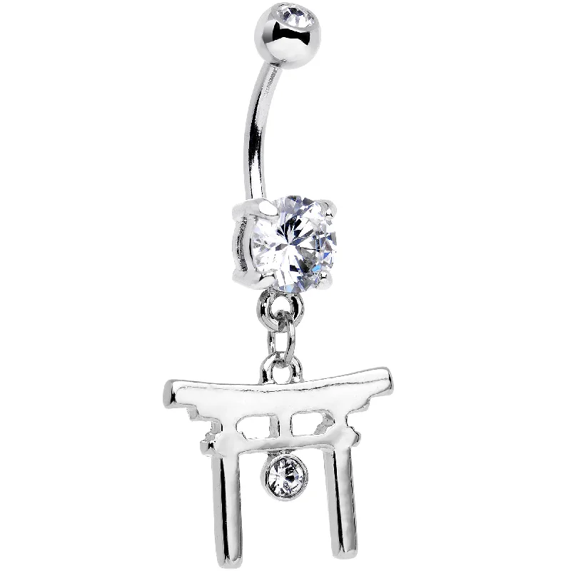 Beautiful Belly Rings with Radiant Stones -Clear CZ Gem Japanese Gate Dangle Belly Ring Beautiful Belly Rings with Radiant Stones -Clear CZ Gem Japanese Gate Dangle Belly Ring