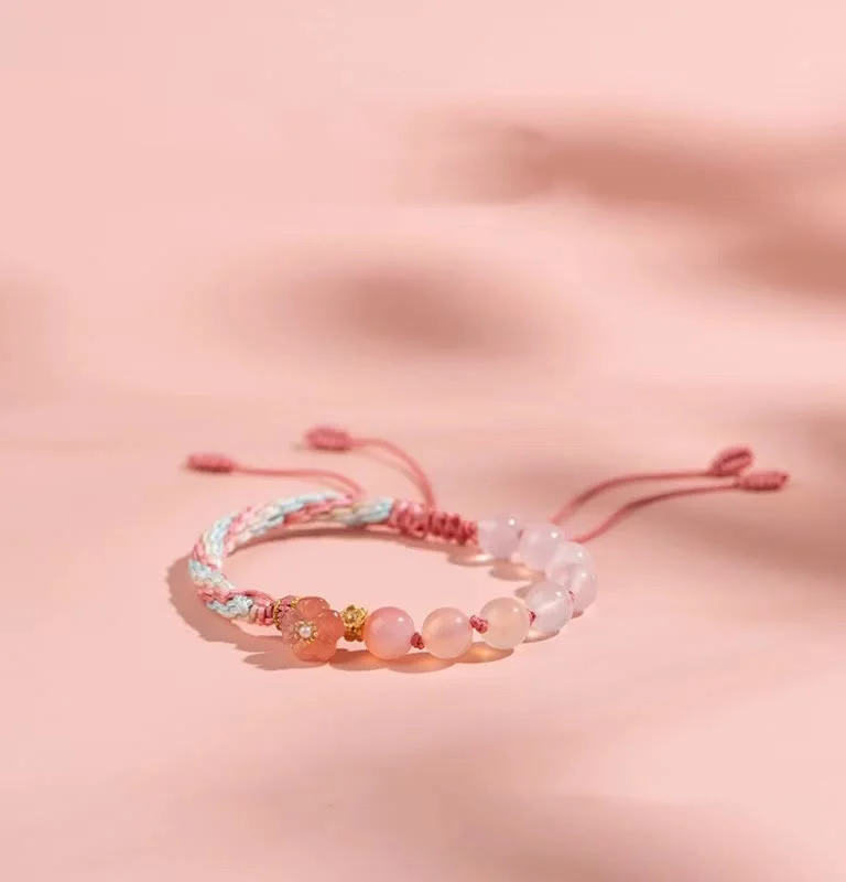 Stackable Silver Bangles for Women-Buddha Stones Natural Gradient Agate Reincarnation Knot Peach Blossom Wealth Luck Handmade String Bracelet
