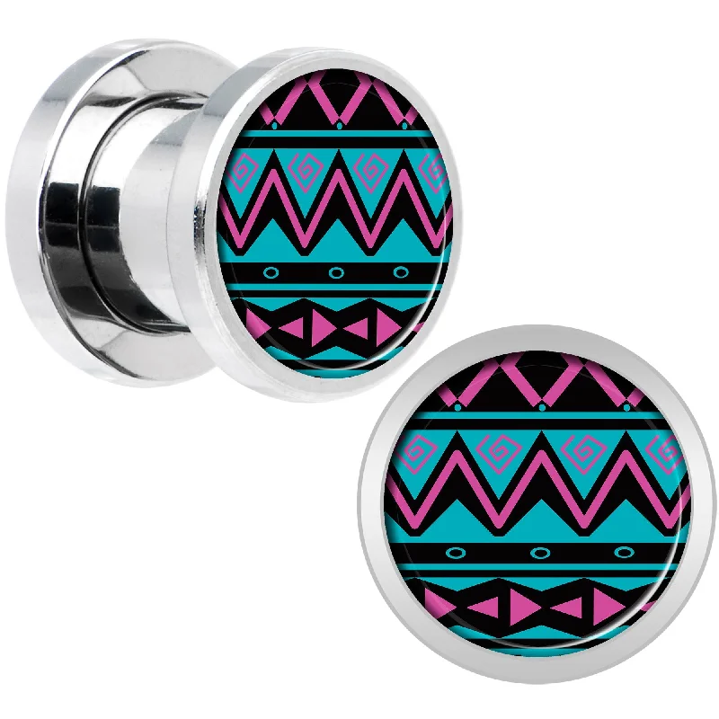 Women's Earrings – Elegant Designs for Every Personality--Pink Teal Tribal Print Steel Screw Fit Plug Set 0 Gauge Women's Earrings – Elegant Designs for Every Personality--Pink Teal Tribal Print Steel Screw Fit Plug Set 0 Gauge