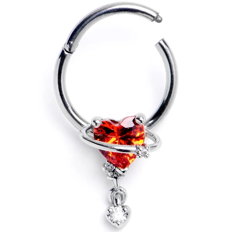 Women's Earrings – Elegant Designs for Every Personality--16 Gauge 3/8 Red CZ Gem Saturn Heart Dangle Hinged Segment Ring