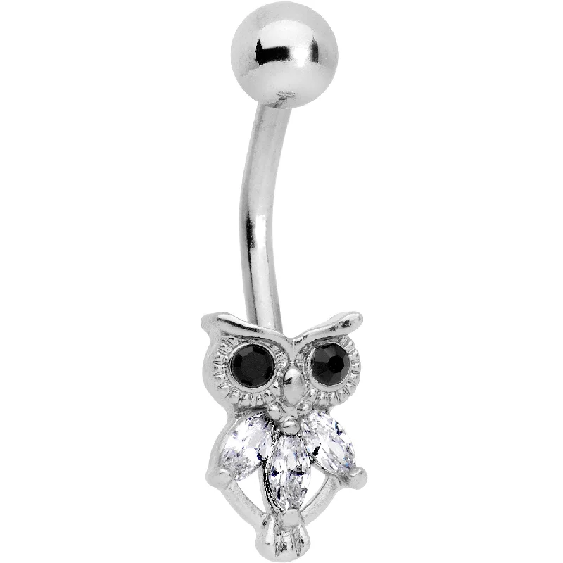 Stylish Belly Rings with Elegant Touches -Clear Black Gem Night Eye Owl Belly Ring