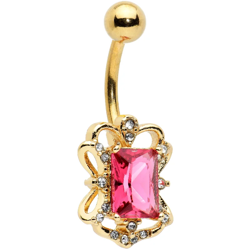 Belly Rings with Silver and Gold Detailing -Clear Pink Gem Gold Tone Open Oblong Elegant Belly Ring Belly Rings with Silver and Gold Detailing -Clear Pink Gem Gold Tone Open Oblong Elegant Belly Ring