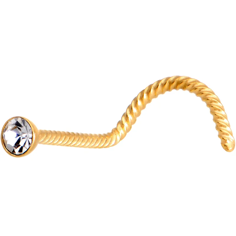 Simple Nose Rings for Effortless Style -Clear 2mm Gem Inlay Gold IP Twisted Left Nose Screw Simple Nose Rings for Effortless Style -Clear 2mm Gem Inlay Gold IP Twisted Left Nose Screw