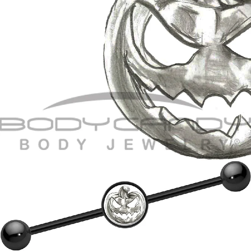 Women's Earrings – Elegant Designs for Every Personality--14 Gauge Black Anodized Scary Jack O Lantern Industrial Barbell 37mm