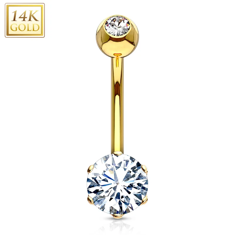 Designer Belly Rings for Dazzling Effect -14kt Solid Yellow Gold 6-Prong Set 6mm CZ Belly Ring Designer Belly Rings for Dazzling Effect -14kt Solid Yellow Gold 6-Prong Set 6mm CZ Belly Ring