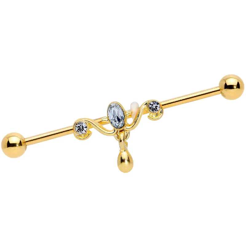 Women's Earrings – Elegant Designs for Every Personality--14 Gauge Clear Gem Gold Tone Drop Dangle Industrial Barbell 38mm