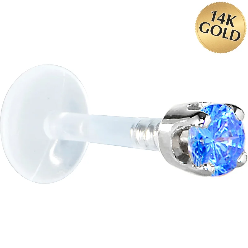 Women's Earrings – Elegant Designs for Every Personality--16 Gauge 5/16 Solid 14KT White Gold 3mm Arctic Blue Cubic Zirconia Bioplast Tragus Earring Stud