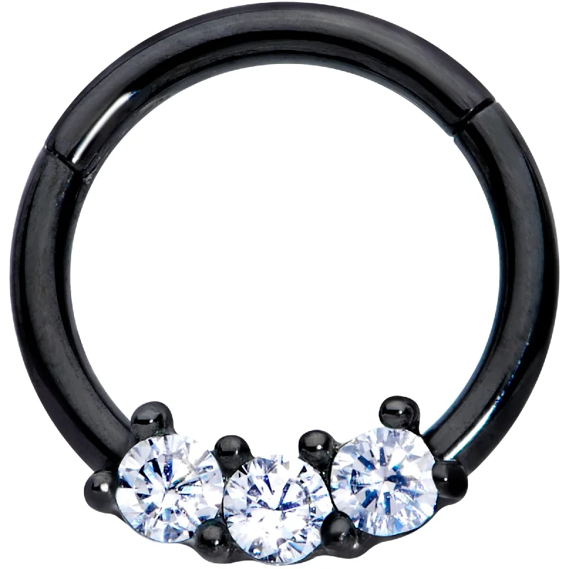 Simple Nose Rings with Classic Appeal -16 Gauge 5/16 Clear CZ Gem Black Trio Hinged Segment Ring Simple Nose Rings with Classic Appeal -16 Gauge 5/16 Clear CZ Gem Black Trio Hinged Segment Ring