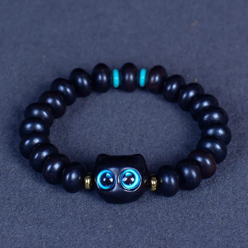 Fashionable Men's Bracelets with Simple Straps-Buddha Stones Ebony Wood Liuli Glass Lovely Cat Peace Balance Bracelet Fashionable Men's Bracelets with Simple Straps-Buddha Stones Ebony Wood Liuli Glass Lovely Cat Peace Balance Bracelet