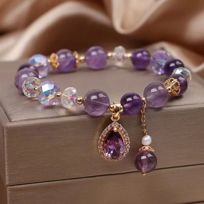Large Bangles for Women-Buddha Stones Natural Amethyst Zircon Love Heart Healing Soul Charm Bracelet