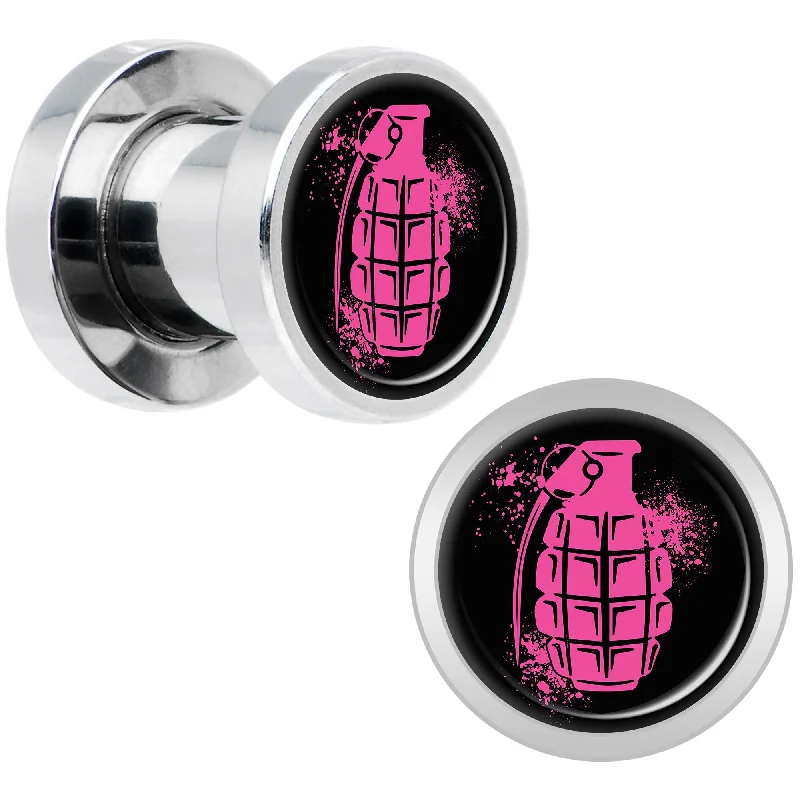 Women's Earrings – Elegant Designs for Every Personality--Pink Grenade Steel Screw Fit Plug Set 2 Gauge Women's Earrings – Elegant Designs for Every Personality--Pink Grenade Steel Screw Fit Plug Set 2 Gauge
