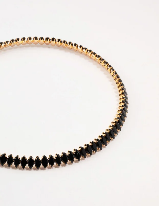 Shop Classic Women's Necklaces & Pendants with a Modern Twist-Gold Black Diamante Wrapped Stretch Choker Shop Classic Women's Necklaces & Pendants with a Modern Twist-Gold Black Diamante Wrapped Stretch Choker