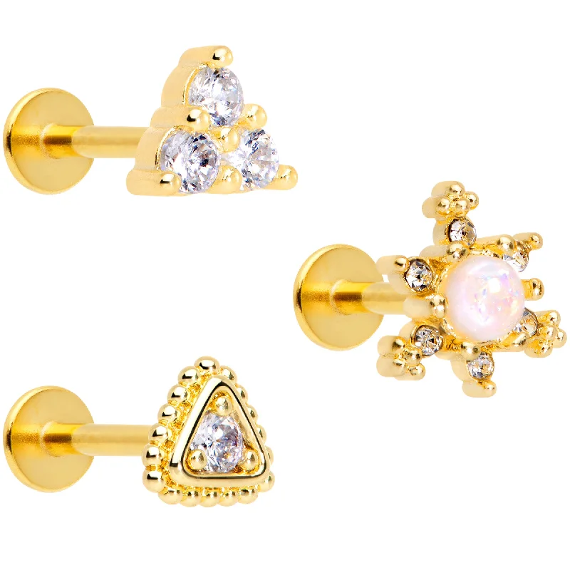 Stunning Lip Rings with Shiny Accents16 Gauge 5/16 Clear Gem Gold Tone Triangles Labret Tragus Set of 3 Stunning Lip Rings with Shiny Accents16 Gauge 5/16 Clear Gem Gold Tone Triangles Labret Tragus Set of 3