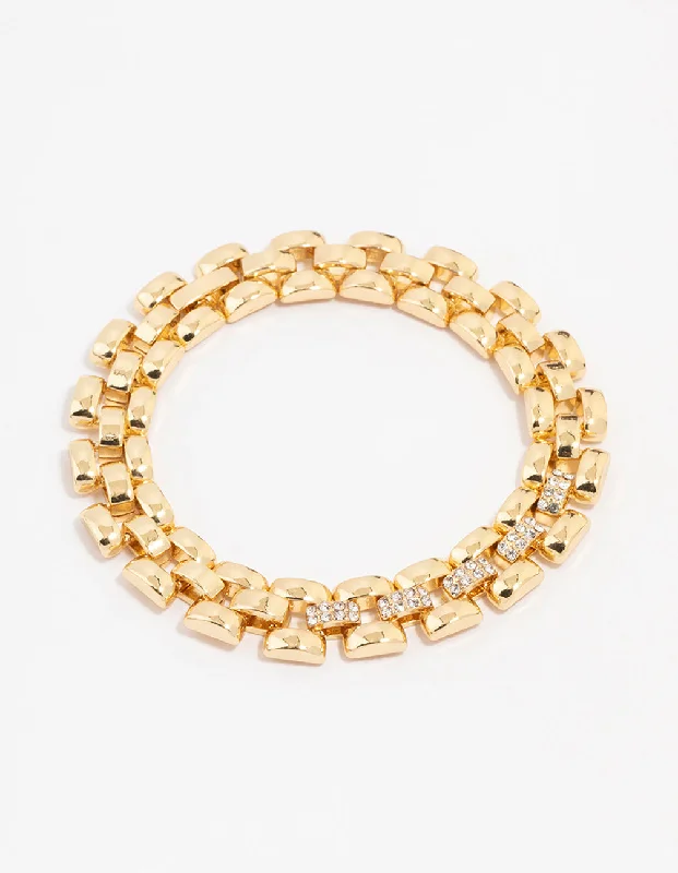 Personalized Bracelets and Bangles for Women-Gold Plated Brass Square Link Pave Chain Bracelet