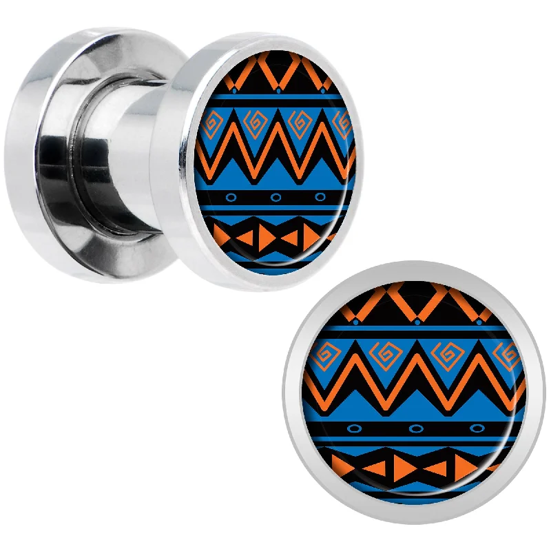 Women's Earrings – Elegant Designs for Every Personality--Blue Orange Tribal Print Steel Screw Fit Plug Set 2 Gauge
