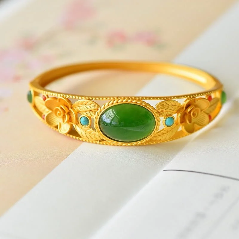 Unique Handcrafted Bangles for Women-Buddha Stones Cyan Jade White Jade Flower Leaf Harmony Luck Bracelet Bangle Unique Handcrafted Bangles for Women-Buddha Stones Cyan Jade White Jade Flower Leaf Harmony Luck Bracelet Bangle