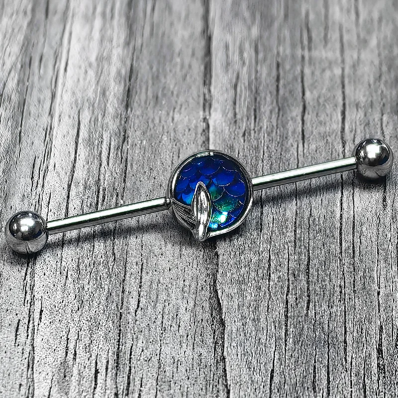 Women's Earrings – Elegant Designs for Every Personality--14 Gauge Mermaid Dark Blue Scale Tail Industrial Barbell 38mm