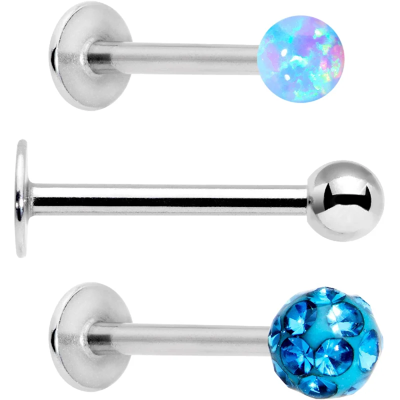 Women's Earrings – Elegant Designs for Every Personality--16 Gauge 3/8 Aqua Faux Opal Ball Labret Monroe Tragus 3 Pack Set