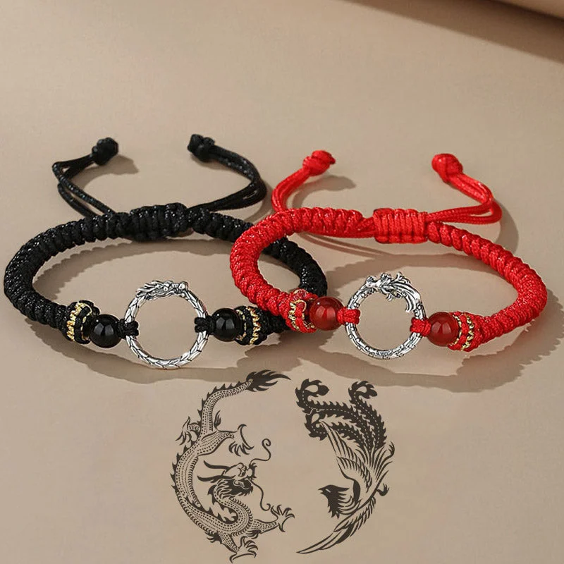 Women's Bangle Bracelets with Glass Details-Buddha Stones Handmade 925 Sterling Silver Year of the Dragon Phoenix Peace Buckle Luck Couple Bracelet