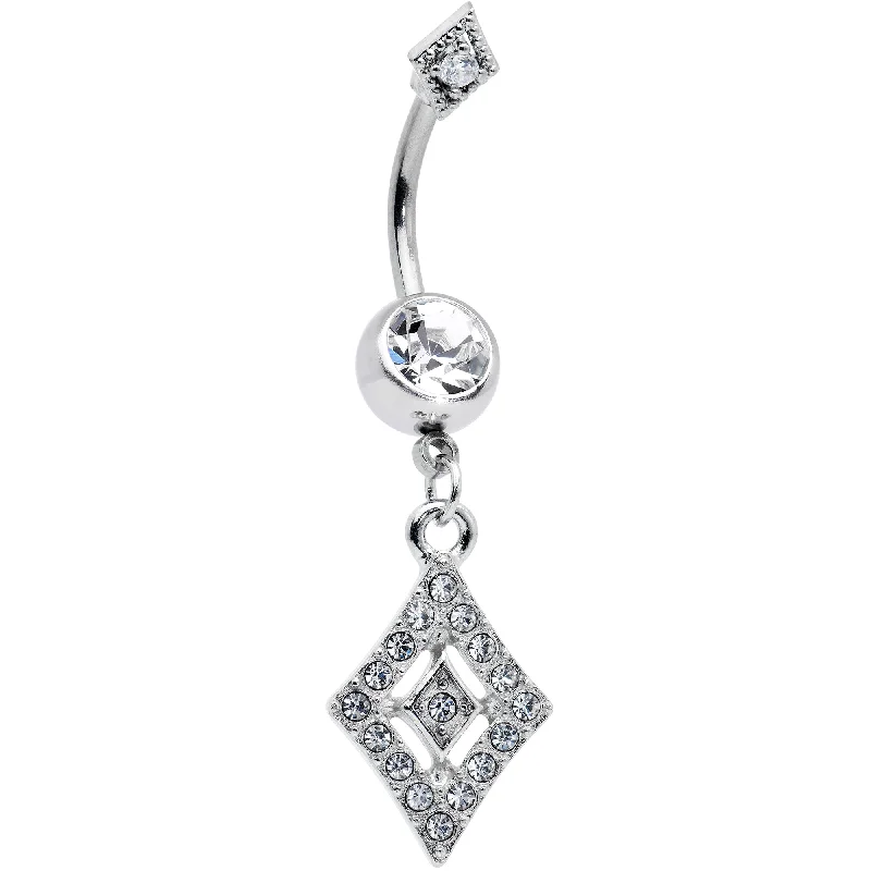 Comfortable Belly Rings for Sensitive Piercings -Clear Gem Double Rhombus Deco Double Mount Dangle Belly Ring Comfortable Belly Rings for Sensitive Piercings -Clear Gem Double Rhombus Deco Double Mount Dangle Belly Ring