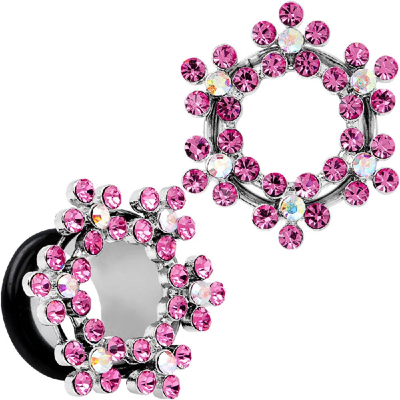 Women's Earrings – Elegant Designs for Every Personality--1/2 Pink and Aurora Gem Snowflake Steel Tunnel Plug Set Women's Earrings – Elegant Designs for Every Personality--1/2 Pink and Aurora Gem Snowflake Steel Tunnel Plug Set