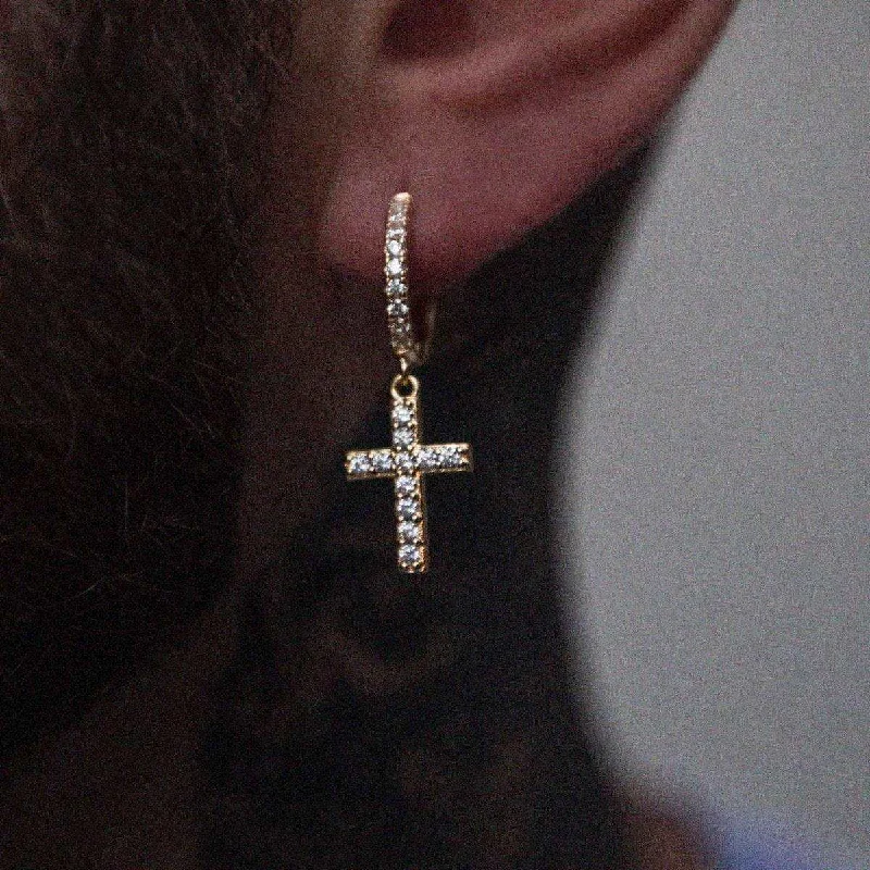 Personalized Leather Bracelets for Men-Diamond Cross Hoop Earrings in Yellow Gold
