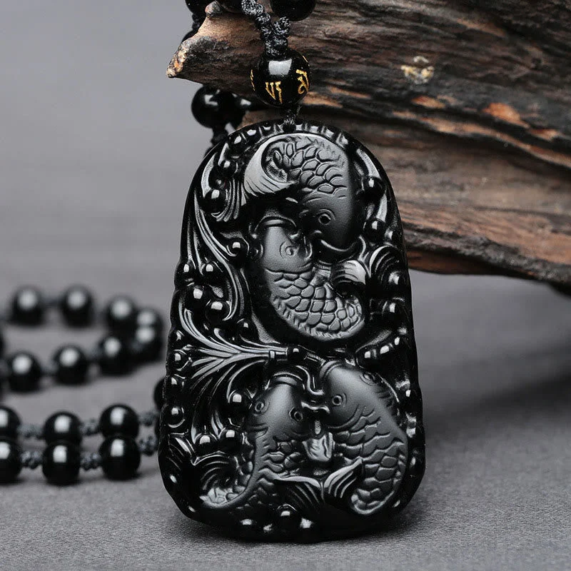 Shop Classic Women's Necklaces & Pendants with a Modern Twist-Buddha Stones Black Obsidian Koi Fish Engraved Strength Beaded Necklace Pendant Shop Classic Women's Necklaces & Pendants with a Modern Twist-Buddha Stones Black Obsidian Koi Fish Engraved Strength Beaded Necklace Pendant