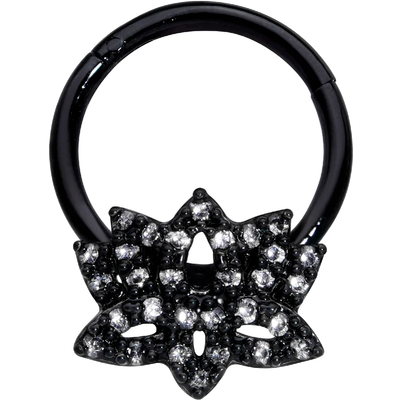 Easy-Wear Nose Rings -16 Gauge 3/8 Clear CZ Gem Black Lotus Flower Hinged Segment Ring Easy-Wear Nose Rings -16 Gauge 3/8 Clear CZ Gem Black Lotus Flower Hinged Segment Ring