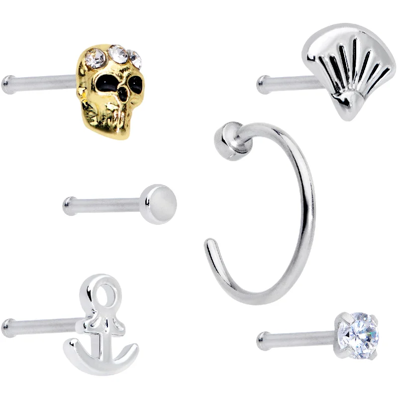 Trendy Nose Rings for Fun Looks -20 Gauge 1/4 5/16 Clear CZ Gem Shell Nautical Hoop Nose Bone Set of 6 Trendy Nose Rings for Fun Looks -20 Gauge 1/4 5/16 Clear CZ Gem Shell Nautical Hoop Nose Bone Set of 6