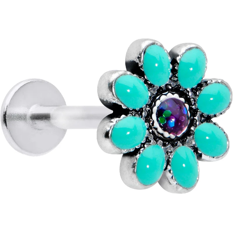 Comfortable and Trendy Lip Rings16 Gauge 5/16 Blue Gem Flower Teal Petals Labret Monroe Tragus