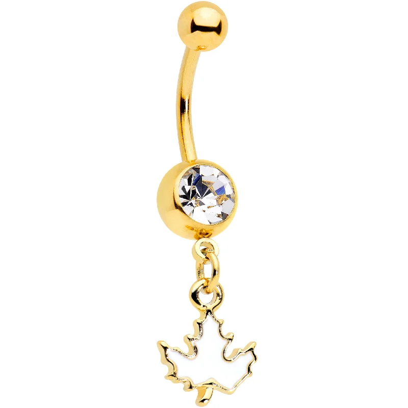 Designer Belly Rings for Special Fashion Statements -Clear Gem Gold Tone Autumn White Maple Leaf Dangle Belly Ring Designer Belly Rings for Special Fashion Statements -Clear Gem Gold Tone Autumn White Maple Leaf Dangle Belly Ring