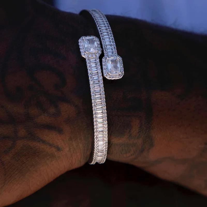 Statement Metal Bracelets for Men-Baguette Clip Bracelet in White Gold