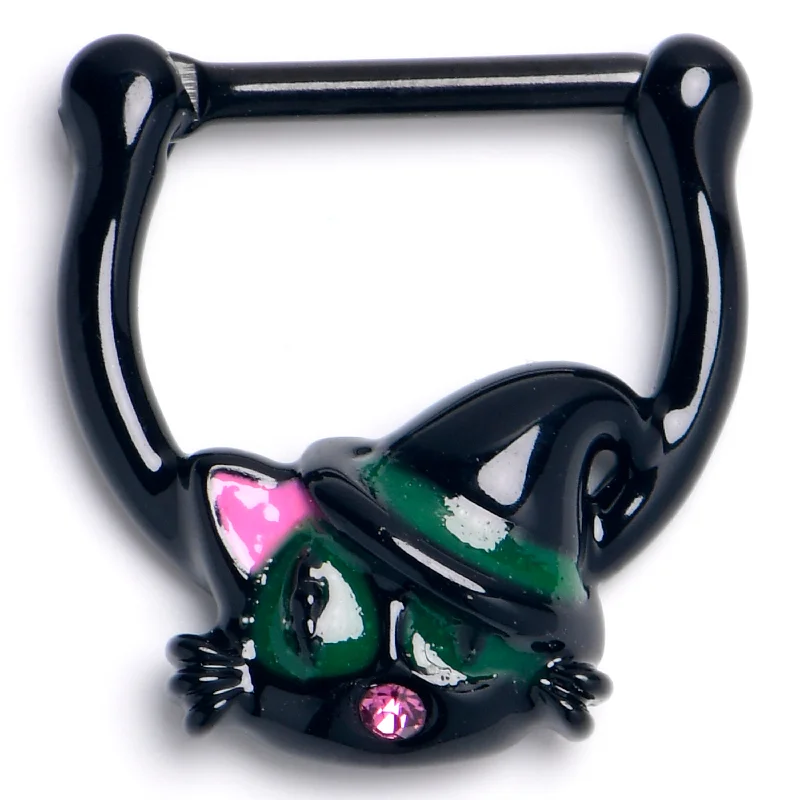 Women's Earrings – Elegant Designs for Every Personality--16 Gauge 5/16 Pink Gem Black Halloween Hat Cat Cartilage Clicker