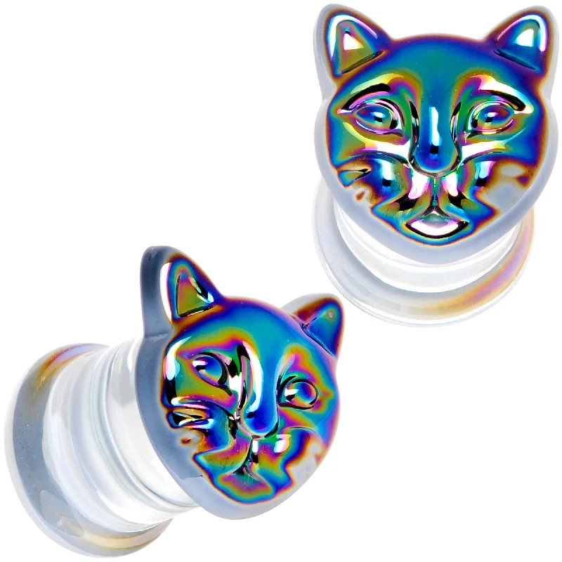 Women's Earrings – Elegant Designs for Every Personality--Aurora Black Glass Kitty Cat Double Flare Plug Set 6mm to 25 mm