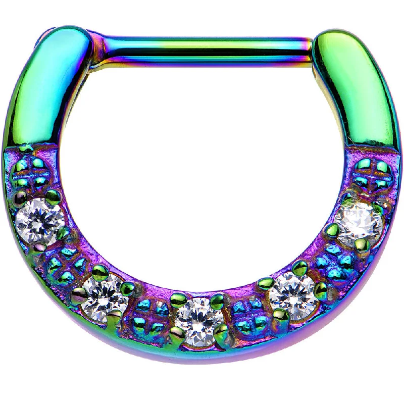 Nose Rings for Party Fashion -16 Gauge 5/16 Clear CZ Rainbow IP Paved Crescent Septum Clicker Nose Rings for Party Fashion -16 Gauge 5/16 Clear CZ Rainbow IP Paved Crescent Septum Clicker