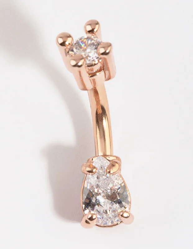 Designer Belly Rings for Exclusive Looks -Rose Gold Plated Titanium Pear Diamante Belly Bar Designer Belly Rings for Exclusive Looks -Rose Gold Plated Titanium Pear Diamante Belly Bar