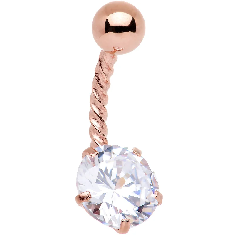 Statement Belly Rings for Bold Style -Clear CZ Gem Rose Gold IP Classic Seriously Twisted Belly Ring Statement Belly Rings for Bold Style -Clear CZ Gem Rose Gold IP Classic Seriously Twisted Belly Ring