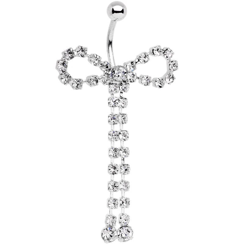 Unique Belly Rings for Bold Style -Clear Gem Dainty Graceful Bow Dangle Belly Ring