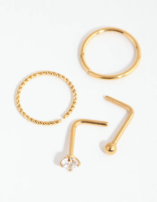 Nose Rings for Occasional Wear -Gold Surgical Steel Diamante Twist Nose Ring 4-Pack
