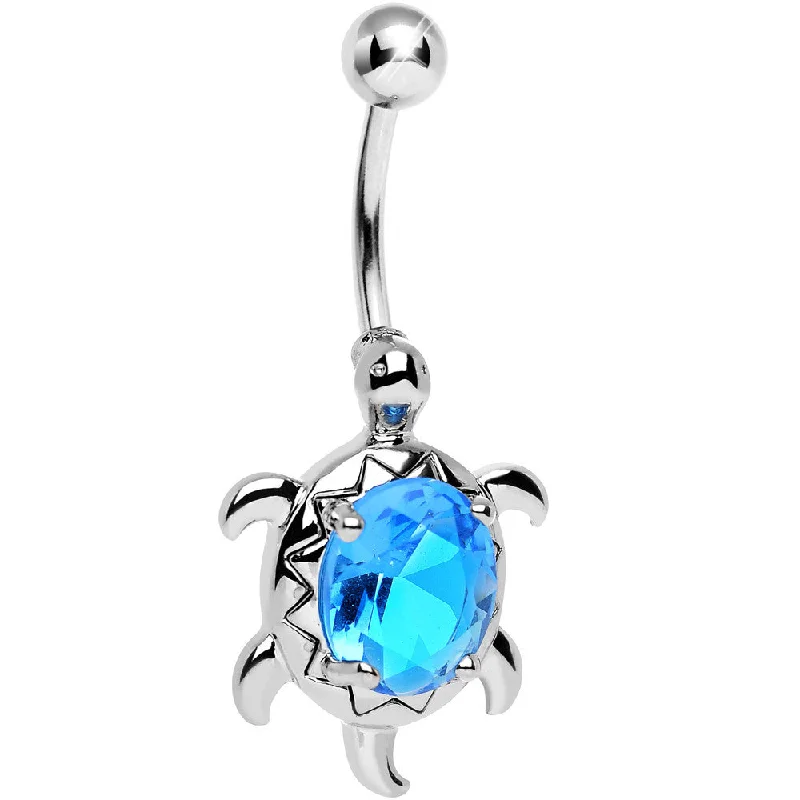 Comfortable Belly Rings with Chic Finish -Aqua Gem Swimming Turtle Belly Ring