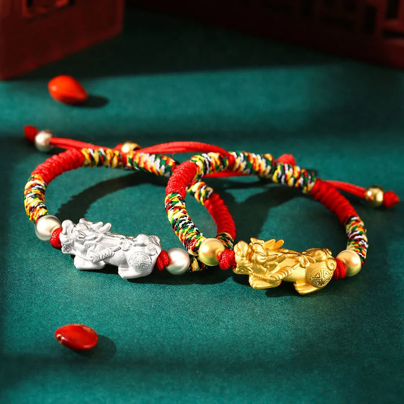 Stylish Simple Bangles for Women-Buddha Stones 999 Sterling Silver PiXiu Wealth King Kong Knot String Braided Kids Child Bracelet