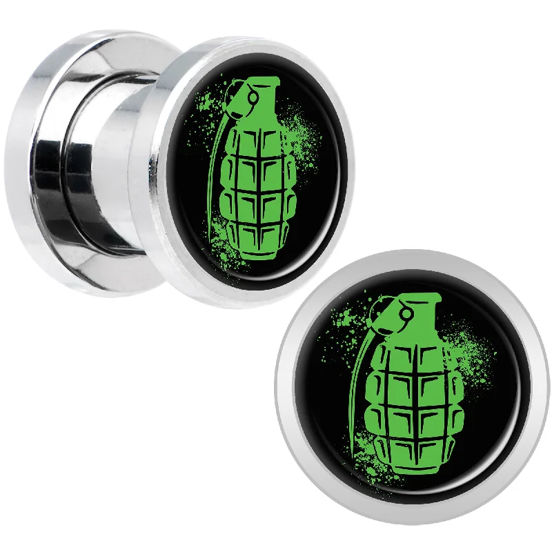 Women's Earrings – Elegant Designs for Every Personality--Green Grenade Steel Screw Fit Plug Set 0 Gauge Women's Earrings – Elegant Designs for Every Personality--Green Grenade Steel Screw Fit Plug Set 0 Gauge