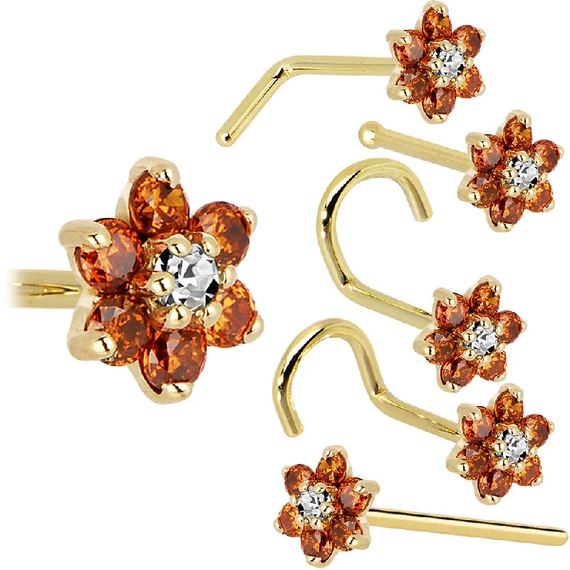 Rose Gold Nose Rings -Solid 14KT Yellow Gold Orange and Clear Cubic Zirconia Flower Nose Ring Rose Gold Nose Rings -Solid 14KT Yellow Gold Orange and Clear Cubic Zirconia Flower Nose Ring