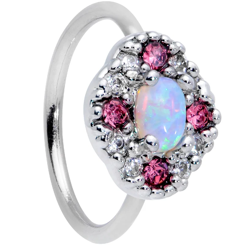 Fancy Rhinestone Nose Rings -20 Gauge 5/16 White Synthetic Opal Glam Oval Nose Hoop