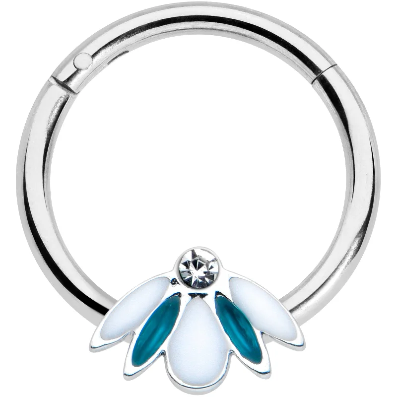 Custom Nose Rings with Unique Features -16 Gauge 5/16 Clear Gem Blue White Leaves Hinged Segment Ring Custom Nose Rings with Unique Features -16 Gauge 5/16 Clear Gem Blue White Leaves Hinged Segment Ring